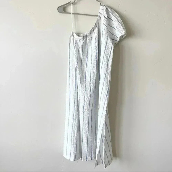 Madewell Seersucker One Shoulder Puff Sleeve Midi Dress Blue Stripe XXS NWT - Picture 4 of 7